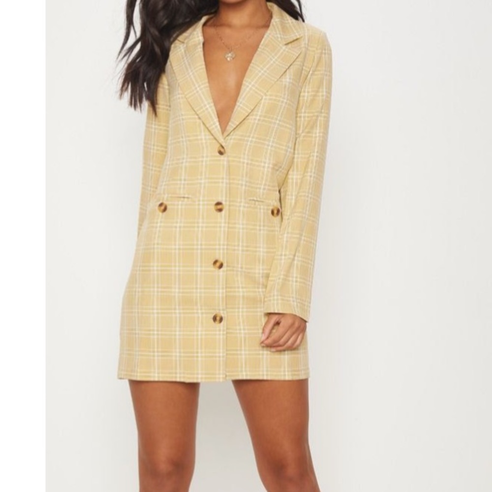 Beige Check Print Tortoise Button Blazer Dress